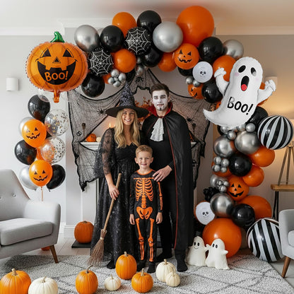Summerween balloons arch kit Orange Black Silver ghosts print balloons and Pumpkin Monster mylar balloons forkid friendly halloween Birthday Spooky Theme Festival rick or Treat game Decorations