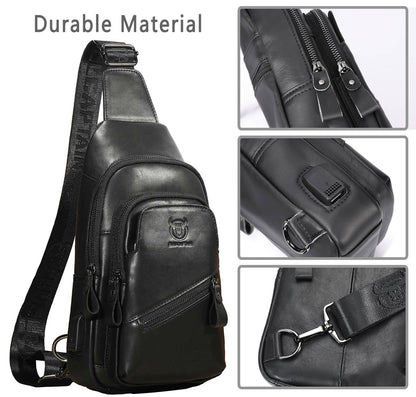 Leather Sling Bag for Men Crossbody Backpack with USB Charging Port Casual Daypack for Hiking Shoulder & Chest Bag Purse (Black)