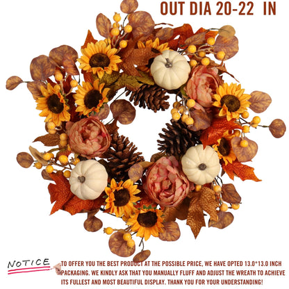 Artificial Fall Autumn Wreath 22 in with Sunflower,Peony,Pumpkin, Eucalyptus Leaf for Front Door Thanksgiving Wreaths Wall Window Harvest Festival Celebration