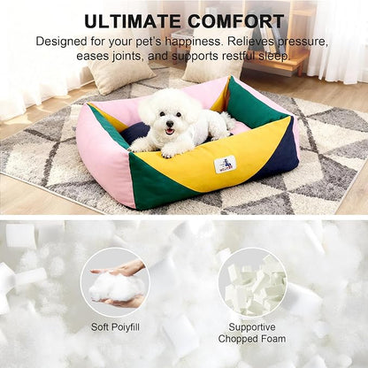 Cotton Canvas Dog Bed, Pink Dog Beds for Small Dogs, Puppy Bed with Washable Removable Cover, Durable 290 GSM Cotton Anti-Chewing Pet Bed with Anti-Slip Bottom (24"x20"x8", Pink&Yellow&Green)