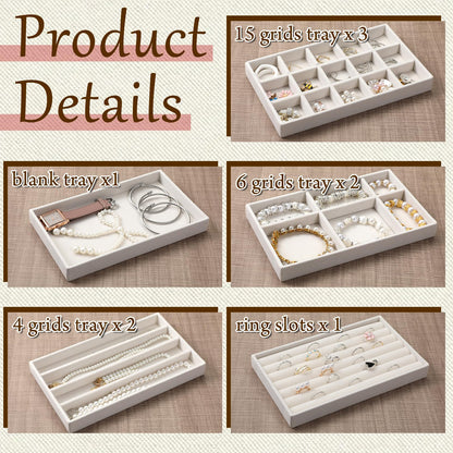 Exclaith 9 Set Velvet Jewelry Drawer Organizer Inserts, Stackable Jewelry Organizer Trays with Removable Dividers, Jewelrys Storage Display Tray, for Earring Ring Necklace Watch Bracelet, Beige