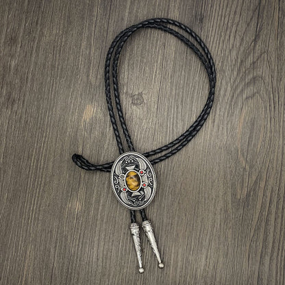 YOQUCOL Vintage Indian Art Tiger Eye Stone Black Bolo Tie American Western Cowboy Leather Necktie for Men Women