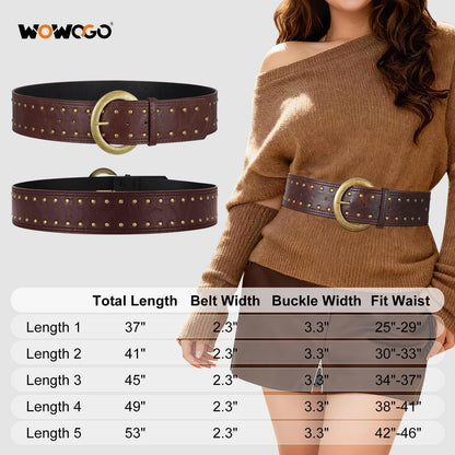 WOWOGO Dark Brown Wide Chunky Leather Belts for Women 2.3" Western Vintage Boho Studded Thick Waist Belt for Dresses