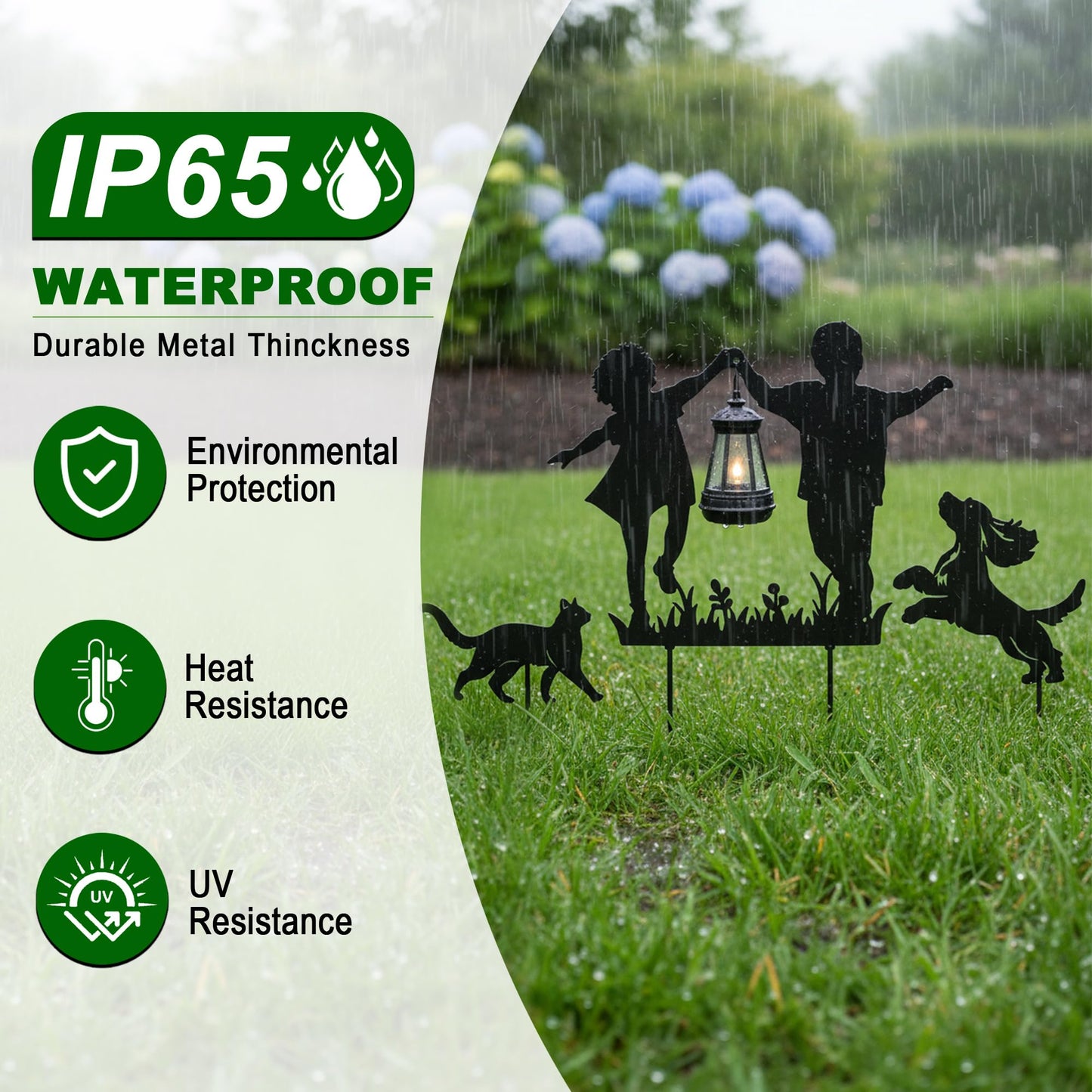 BVLFOOK Solar Garden Stakes with LED Lantern, Metal Silhouette Children and Pets Design, 12 x 4 x 10 Inches, Iron Construction, 3 Piece Set for Outdoor Yard Decor
