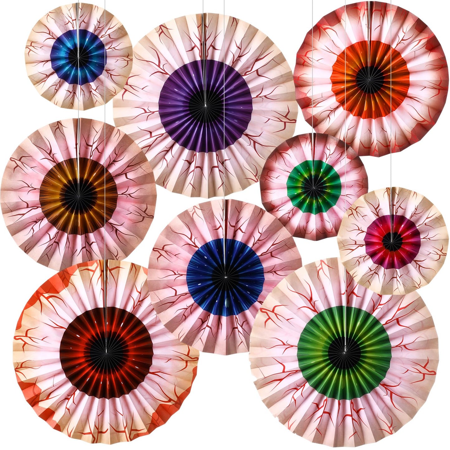 Dispowreath 9 Pcs Halloween Fans Decorations Eyeball Hanging Paper Fans Set Scary Eyeballs Wall Decoration for Halloween Party Haunted House Home Classroom Birthday Spooky Decorations Supplies