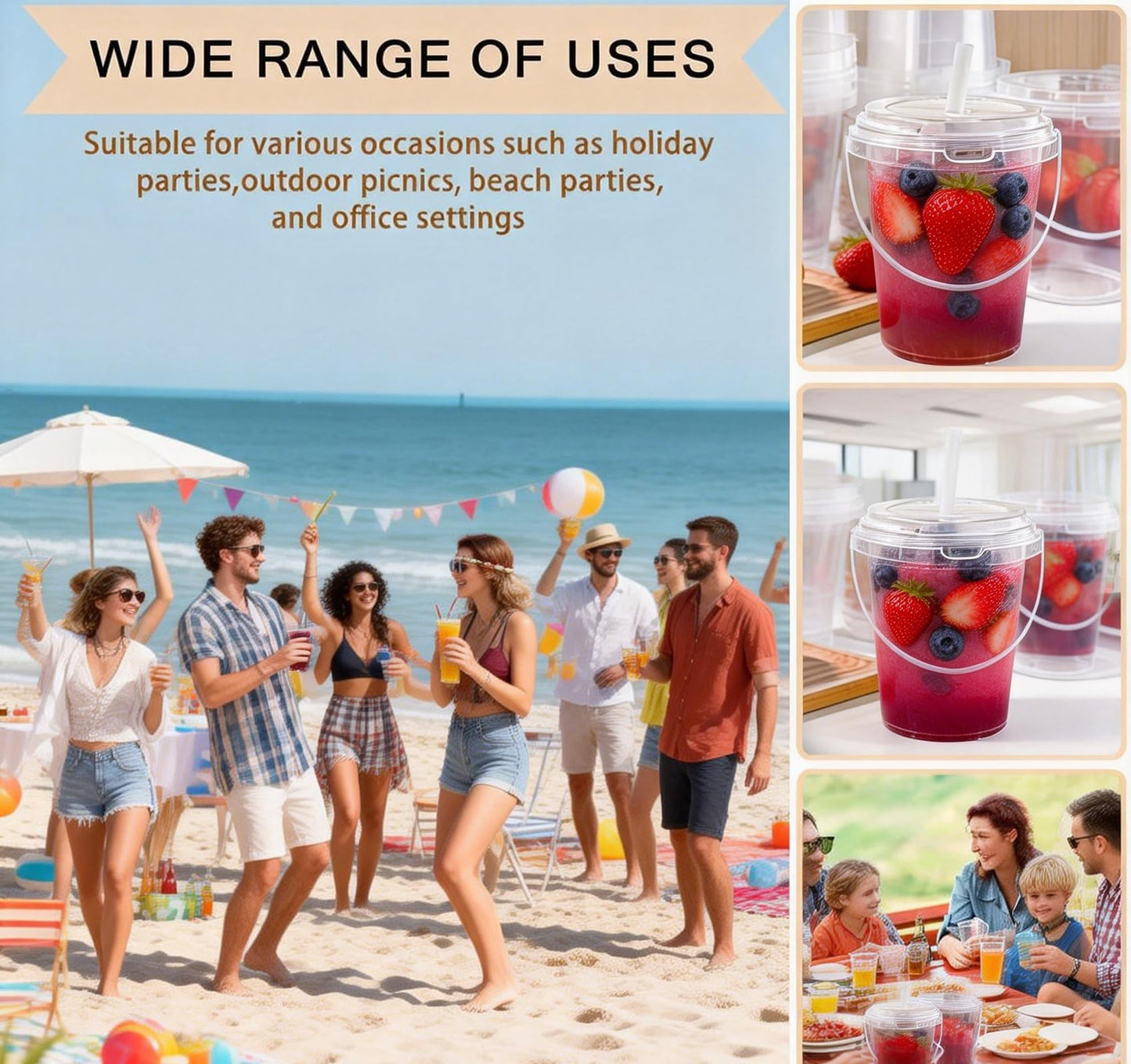 75 Pack Reusable Plastic Drink Buckets with Lids and Straws, 24 oz Clear Rum Buckets for Cocktails and Party Drinks, Portable Beverage Pails with Handles for Beach, Festivals and Bar Supplies