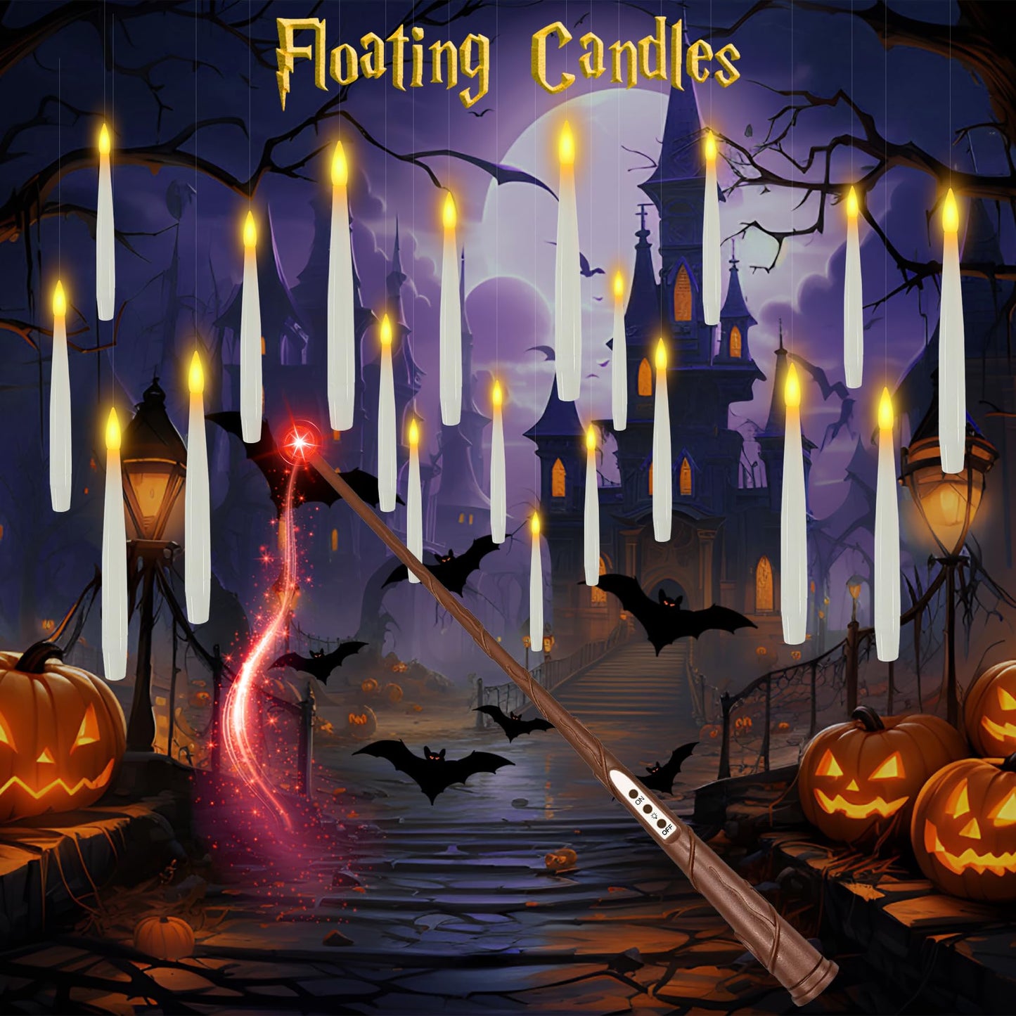 Dreacompy Halloween Decoration, Floating Candles with Wand, 10 PCs Flameless Magic Hanging Candles with 11 AAA Battery, Flickering Warm Light Floating LED Candle Taper Candle Set Birthday, Xmas Gift
