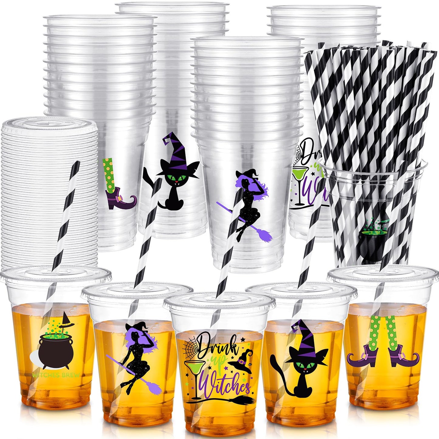 Bokon 100 Sets 12 oz Halloween Cups Witch Theme Clear Plastic Disposable Cups with Lids and Paper Straws Halloween Party Supplies for Party Coffee Beer Beverage Ice Cream Snack Candy