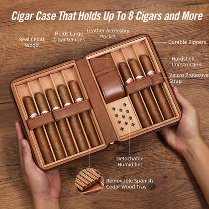 OTAKOKIT Portable Cigar Humidor, Leather Cedar Wood Cigar Case with Cigar Lighter, V Cut Cigar Cutter, Cigar Punch 3 in 1, Travel Cigar Humidor Box 8 Cigars with Humidifier, Brown