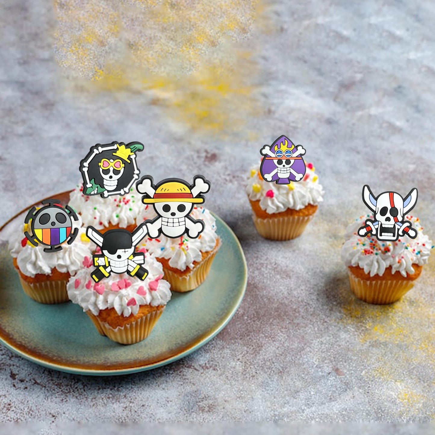 Mosytiay 24 PCS Anime Skull Cupcake Rings Toppers Pirate Themed Cupcake Toppers 6 Style Skeleton Cake Decorations for Skull Theme Baby Shower Birthday Halloween Pirate Party Cake Decorations Supplies