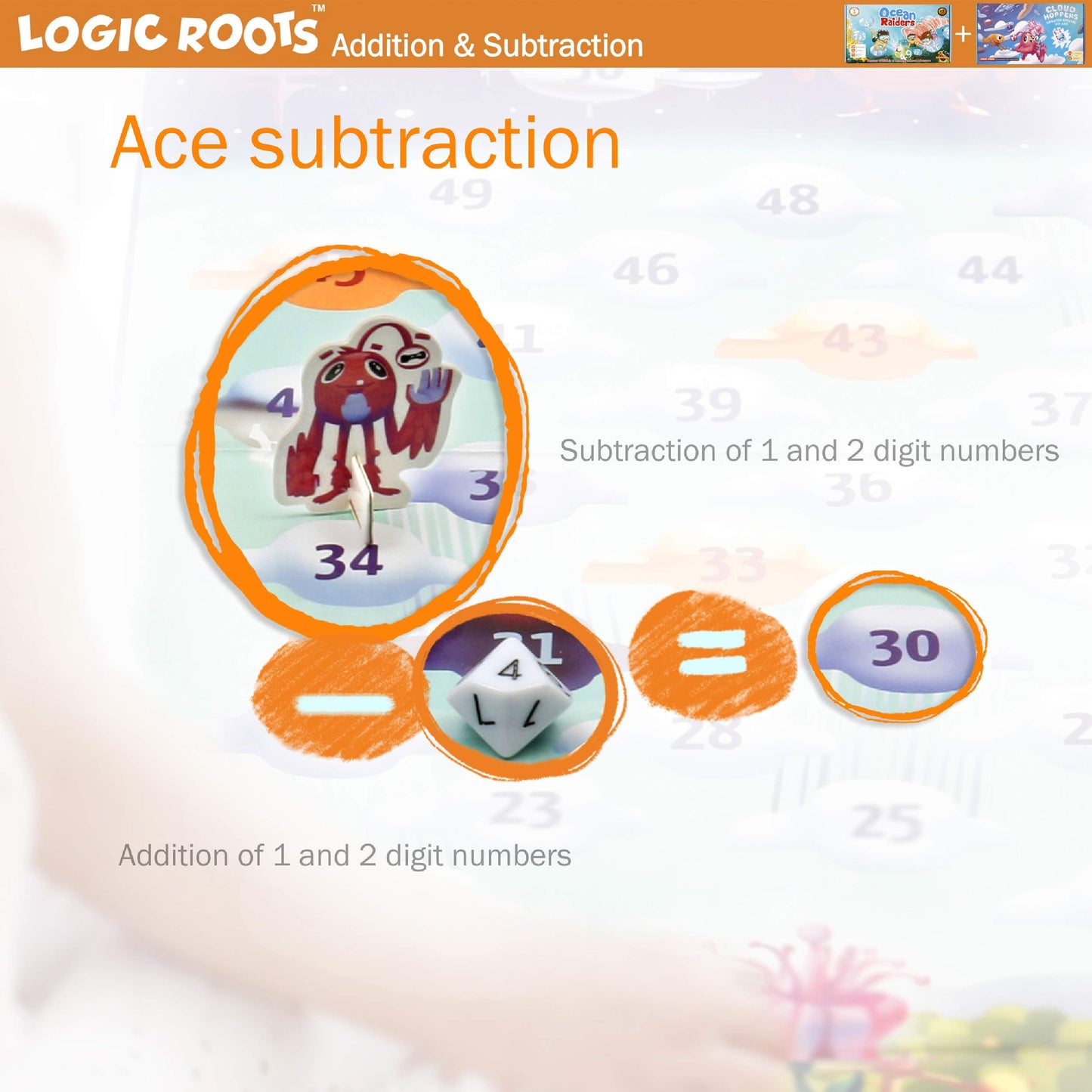 Logic Roots Addition and Subtraction Game - Fun Math Board Game for 6-8 Year Olds, Easy to Play Educational Game for Kids at Home, STEM Toy Gift for Girls & Boys (Ocean Raiders + Cloud Hoppers)