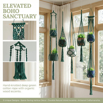 Macravine 5 -Pack Plant Hanging Holder, Indoor Boho Plant Pot Holder, Handmade Art Plant Hanger, Chic Plant Hanger for Ceiling/Window/Garden Decor, 40",50",63", Dark Green(No Pot & Plant Included)