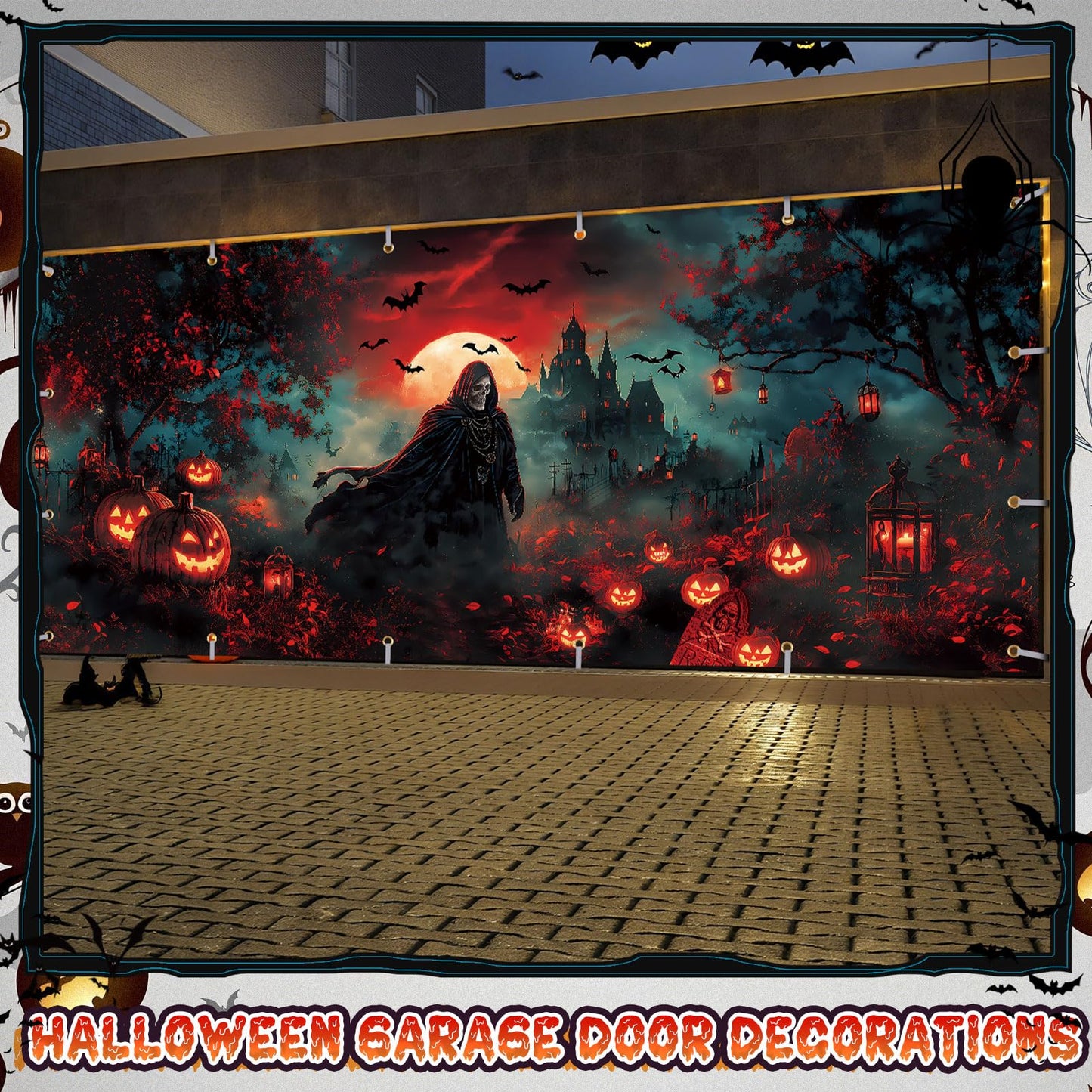 Remagr 7 x 16 ft Halloween Garage Door Banner Large Halloween Hanging Backdrop Door Cover Gloomy Skull Garage Wall Decoration Backdrop Mural for Party Wall Window Yard Outdoor Holiday (Spooky)