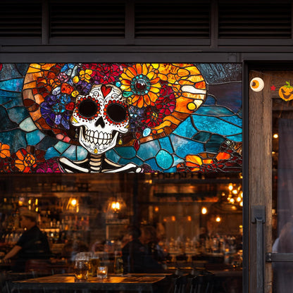 HOMETITUTE Day of The Dead Window Film 39.3x17.7 Inch Sugar Skull Windows Cling Halloween Calavera Glass Sticker for Glass Dia de Los Muertos Removable Gothic Window Art Decoration