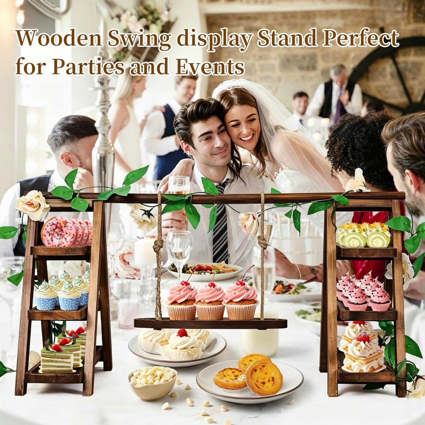 Large Wooden 3 Tier Swing Cupcake Stand with Flower Decor, Removable Trays, Foldable Ladder Display for Cake, Snacks, Fruit, Bread, Party & Catering Centerpieces