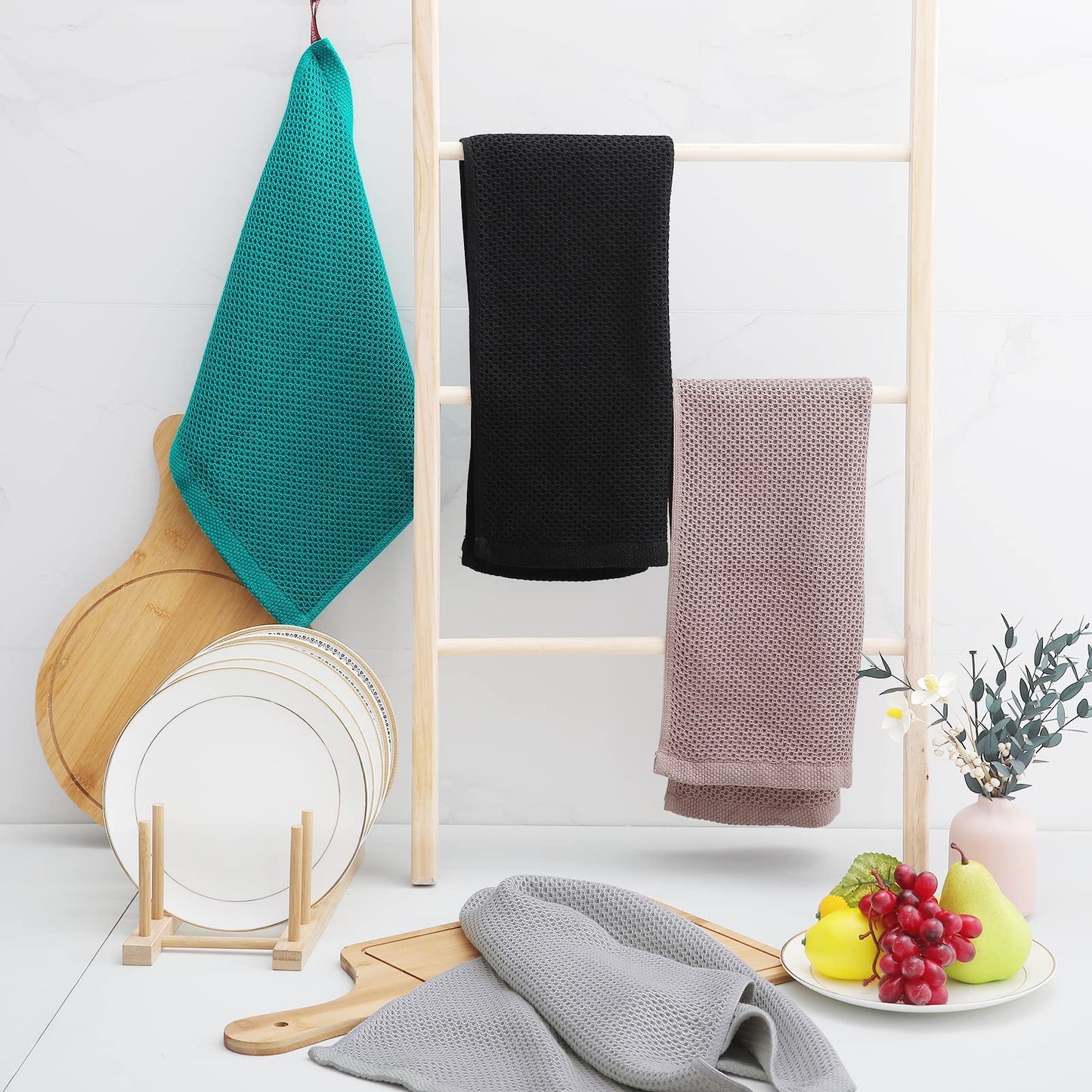 Homaxy 100% Cotton Waffle Weave Kitchen Towels, 3-Pack Ultra Soft Absorbent Dish Towels, Quick Drying Cleaning Towels, 13 x 28 Inches, Black