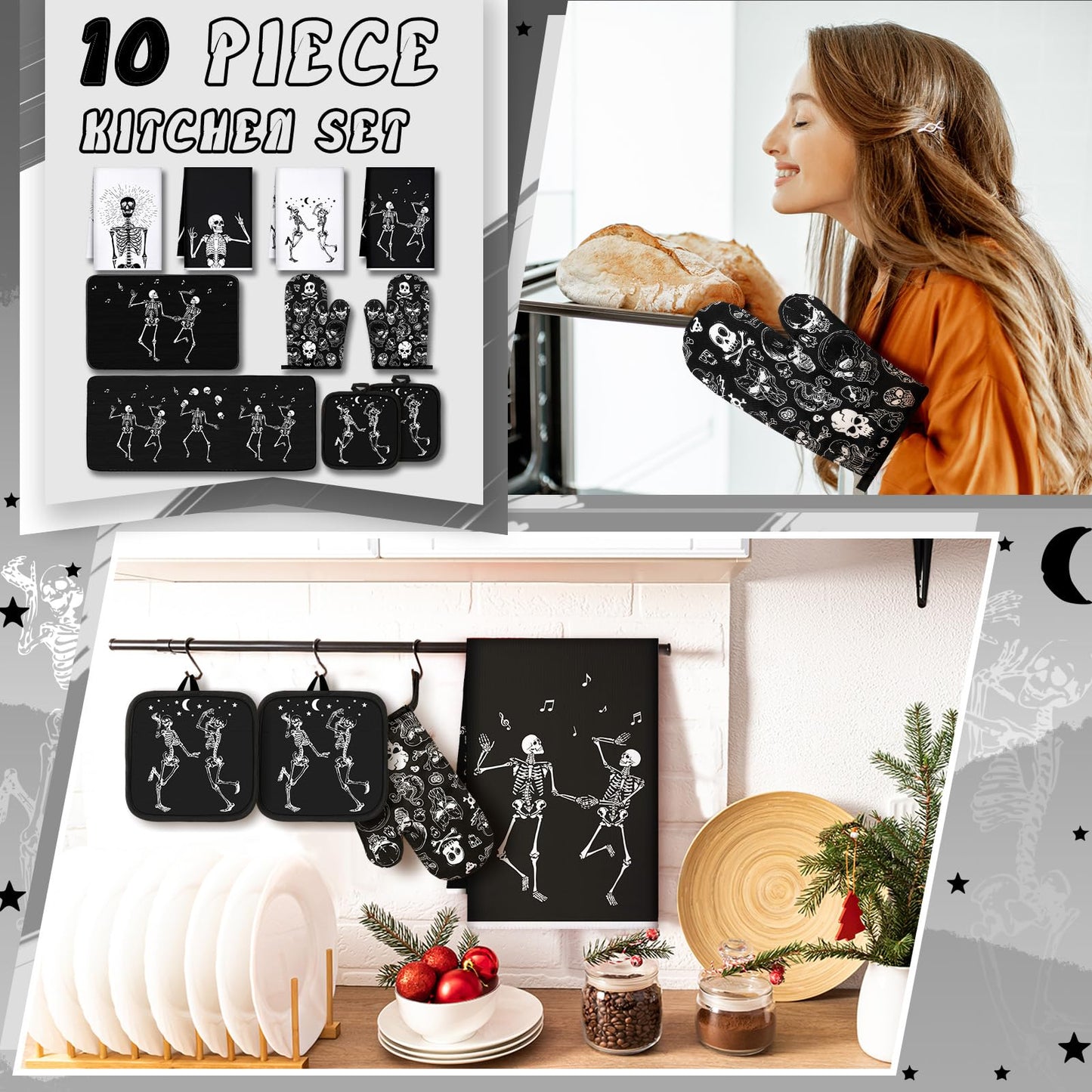 Fourluoo 10 Pcs Skeleton Kitchen Set Kitchen Towels and Rugs Oven Mitts and Pot Holders Gothic Decor and Accessories for Gift Cooking Baking Grilling