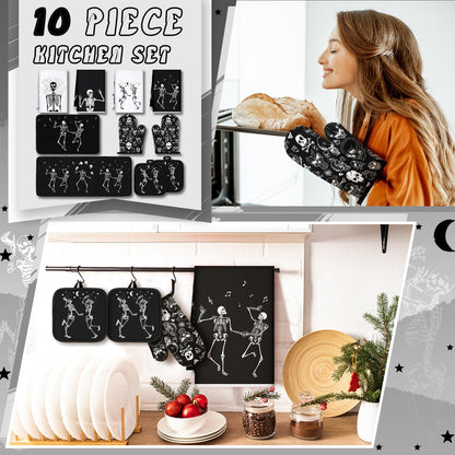Fourluoo 10 Pcs Skeleton Kitchen Set Kitchen Towels and Rugs Oven Mitts and Pot Holders Gothic Decor and Accessories for Gift Cooking Baking Grilling