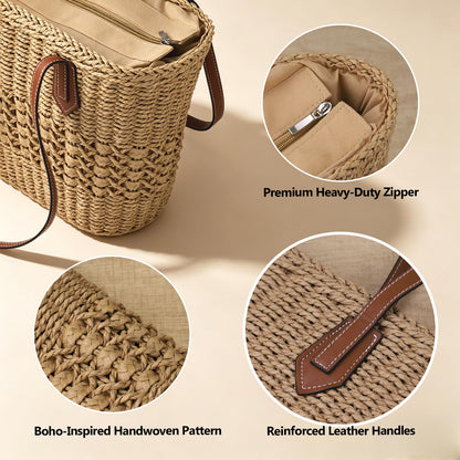 OKoriensuntek Straw Tote Bag Woven Beach Bag for Women, Large Capacity Summer Shoulder Bag with Leather Handles, Boho Handwoven Tote for Travel, Beach, Everyday Use，Brown