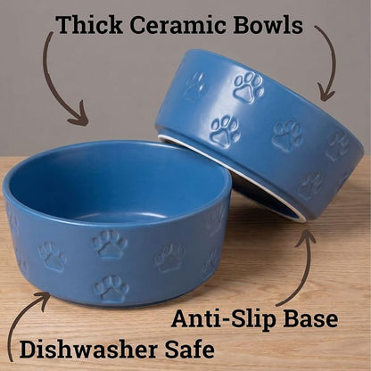 Ceramic Dog Bowl Set of 2 with Anti-Skid Base - 6.5" Wide x 2.5" Tall Ceramic Dog Bowls Medium Sized Dogs - 3.8 Cup Capacity Food and Water Bowls for Dogs - Rubber Bottom Pet Bowl Set of 2 Medium Size