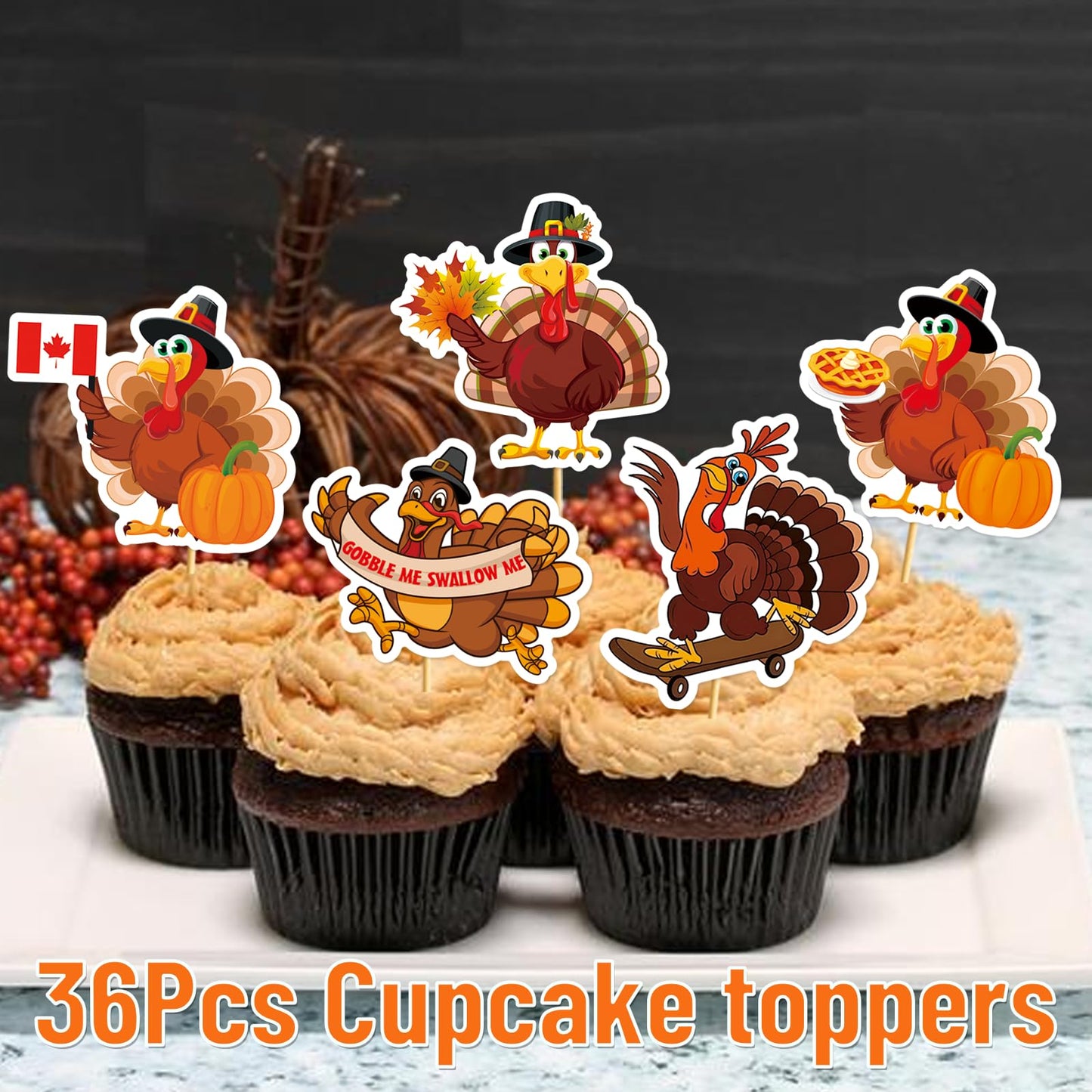 36Pcs Thanksgiving Cupcake Toppers Friendsgiving Turkey Cupcake Toppers Thanksgiving Cake Decorations Friendsgiving Cake Toppers