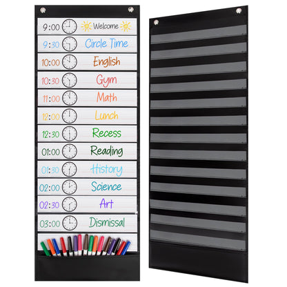 Essex Wares - 13 Pocket Daily Schedule Pocket Chart, Ultra-Durable Visual Schedule for Kids - Easy to Use, Reusable Daily Schedule for Kids - Reversible Chart for Sentence Strips