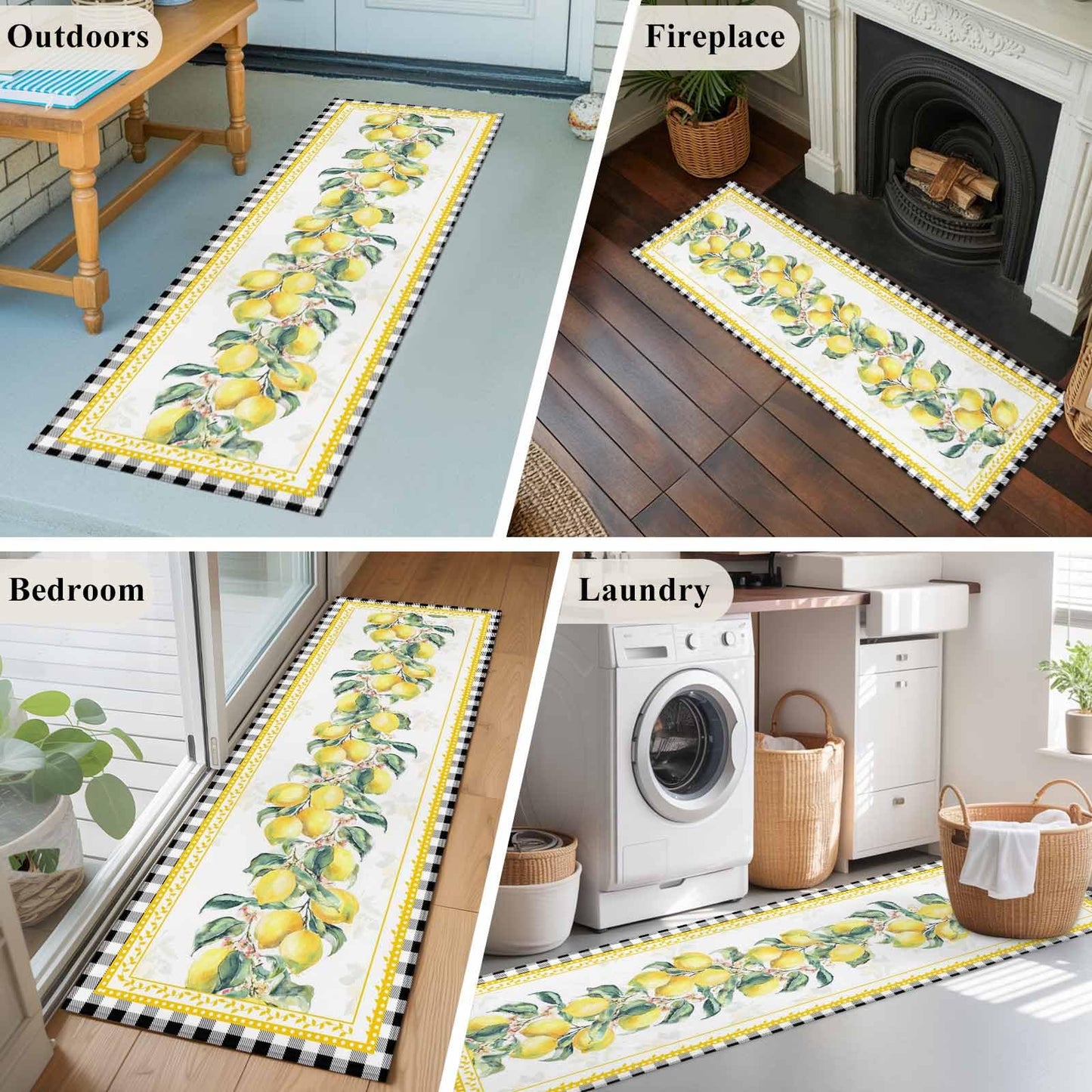 2'x6' Runner Rug, Yellow Lemon Washable Non-Slip Area Rugs for Hallway Kitchen Floor Bedroom Entryway, Summer Botanical Black White Plaid Pastoral StainResistant Laundry Carpet Decoration Indoor Mat