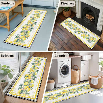 2'x6' Runner Rug, Yellow Lemon Washable Non-Slip Area Rugs for Hallway Kitchen Floor Bedroom Entryway, Summer Botanical Black White Plaid Pastoral StainResistant Laundry Carpet Decoration Indoor Mat