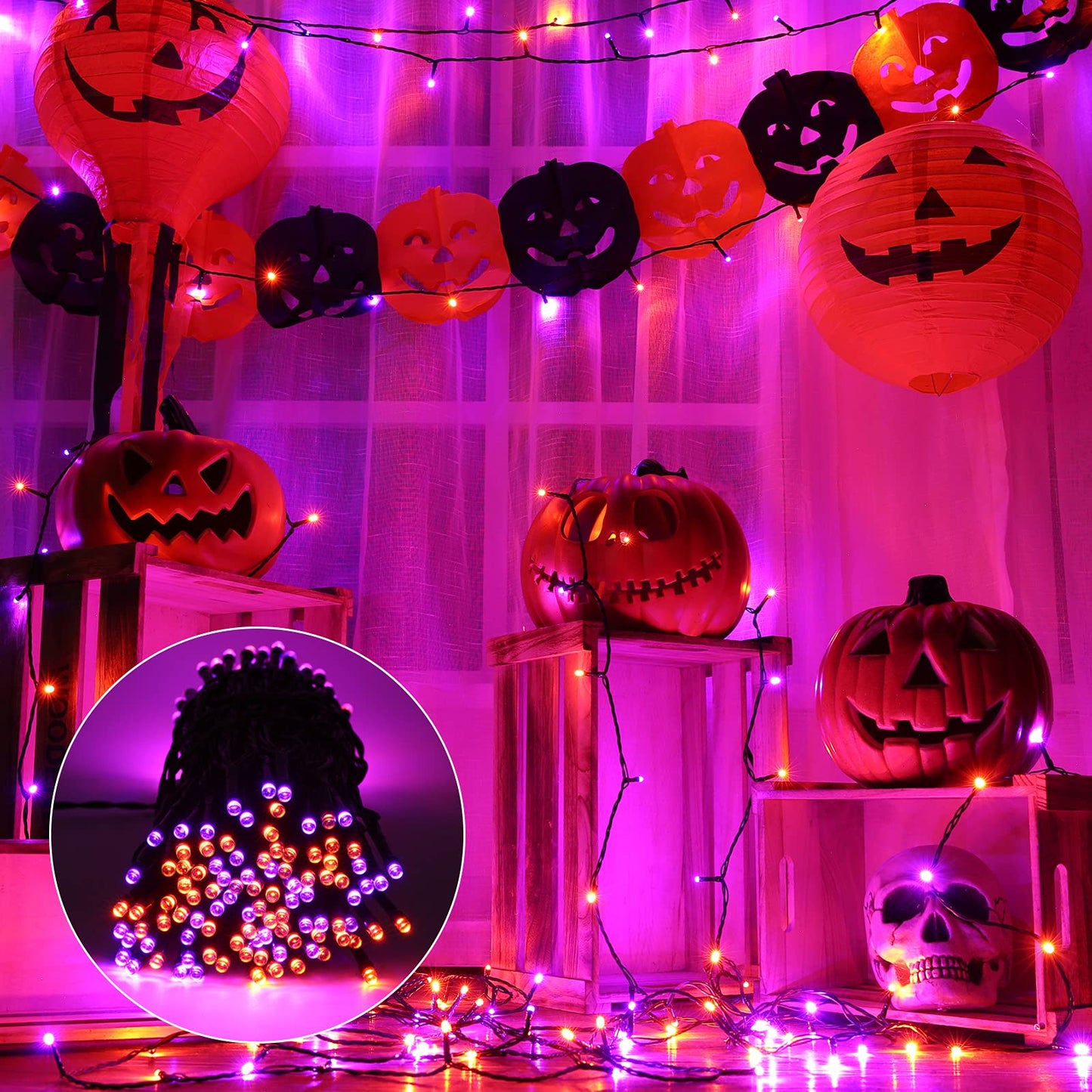 Flacchi Orange Purple Halloween Lights, 67 ft 200 LED Battery Operated String Lights Waterproof 8 Modes & Auto Timer Mini Lights for Halloween Decorations, Home, Party, Holiday Decor Outdoor Indoor