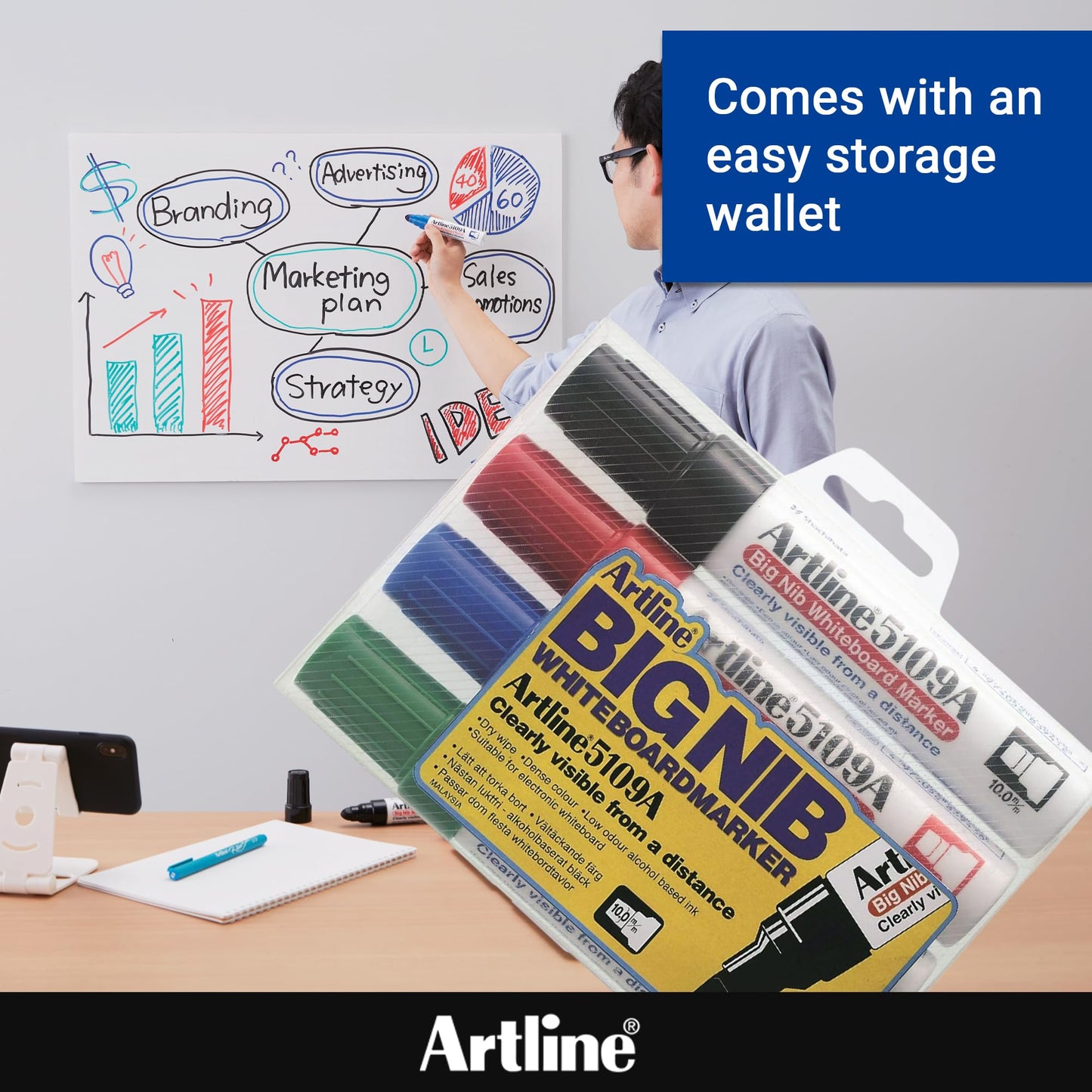Artline 5109A Magnum White Board Markers Dry Erase with Jumbo Big Nib For Clear, Visible Lettering, Black, Red, Blue, and Green - 4 Pack