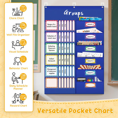 AKAYOK Small Group Pocket Chart with 84 Colorful Dry Erase Cards, Classroom Jobs Chart with 6 Pocket Wall Hanging File Folder, Pocket Chart for Classroom,Office,Home, Small Group Classroom Must Haves