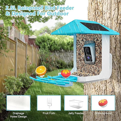 2.5K Smart Bird Feeder with Camera, 5GHz &2.4GHz Birds Watching Camera with AI Identify Bird Species, Outdoor Birds Feeder House with Solar Panel for BirdLovers (Blue)