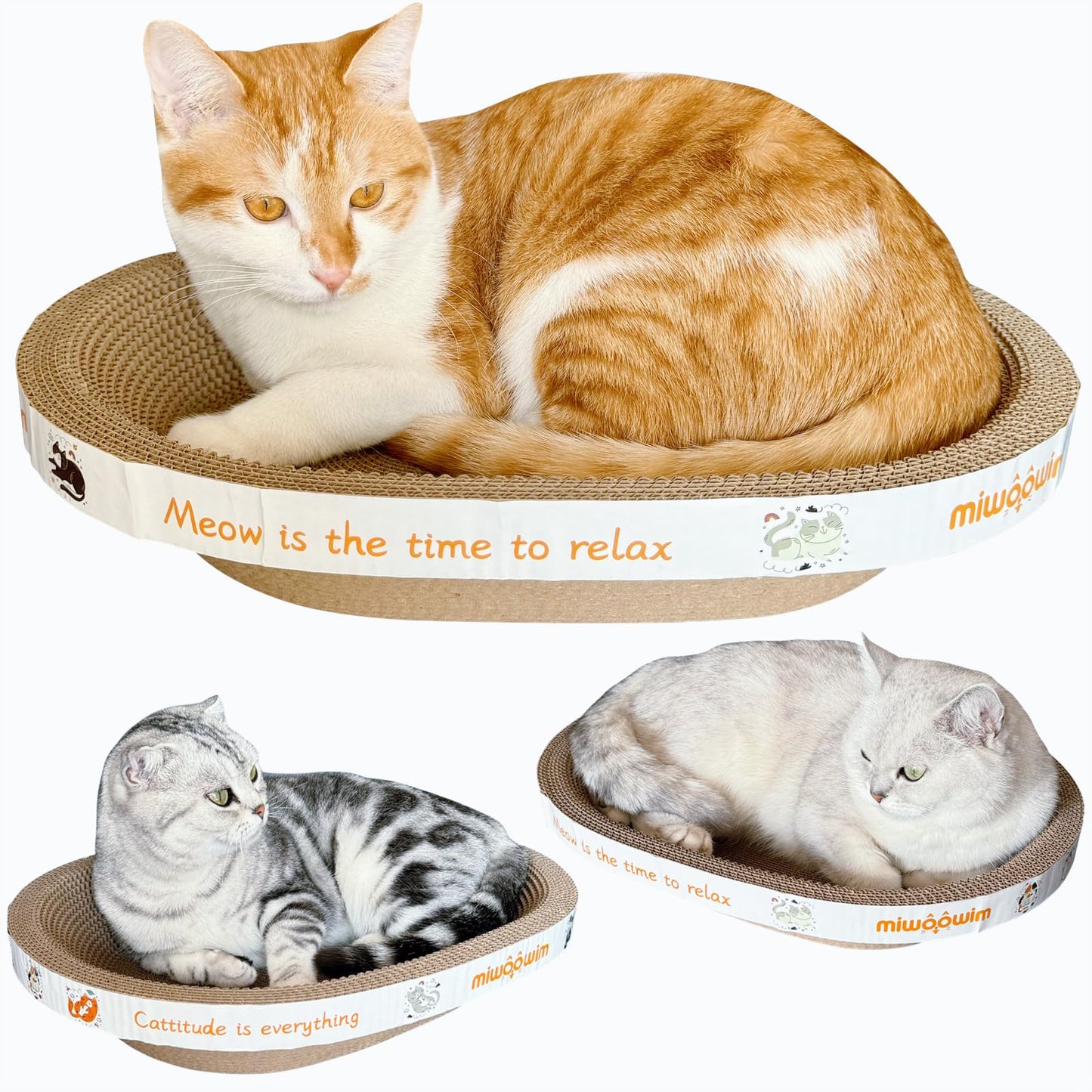 Miwoowim 4PCS 2 Cat Scratcher Bowl +1 Corrugated Scratch Pad with Box+ 1 Brush,Oval Shape Cat Scratcher Cardboard Bed, Scratching Lounge Bed, Cute Round Scratcher