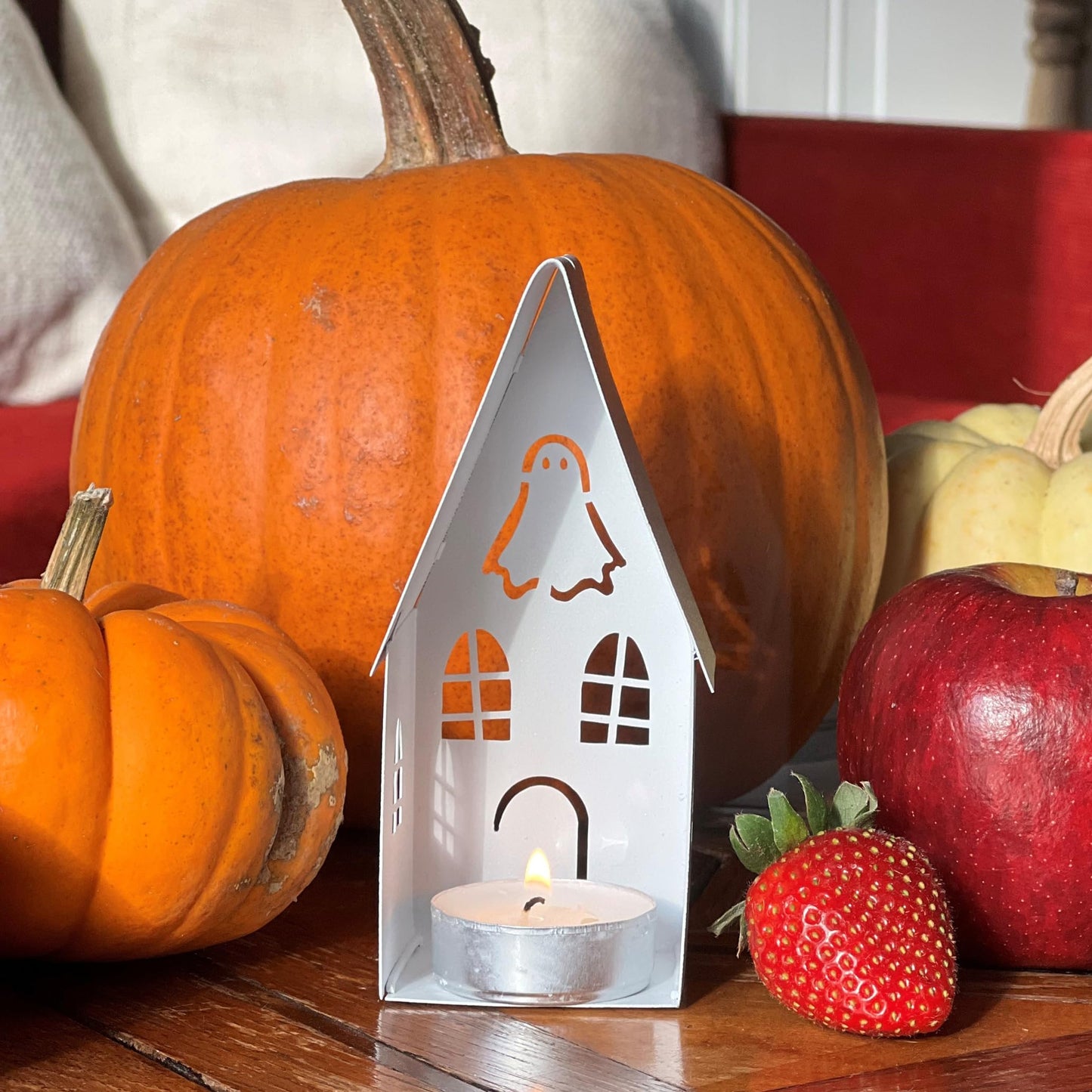 Spooky Halloween House Tea Light Candle Lanterns, Set of 2, Bat Black and Ghost Ivory, Metal, 6.25 and 4.75 Inches, Gabled Roof-Tops, Windows,