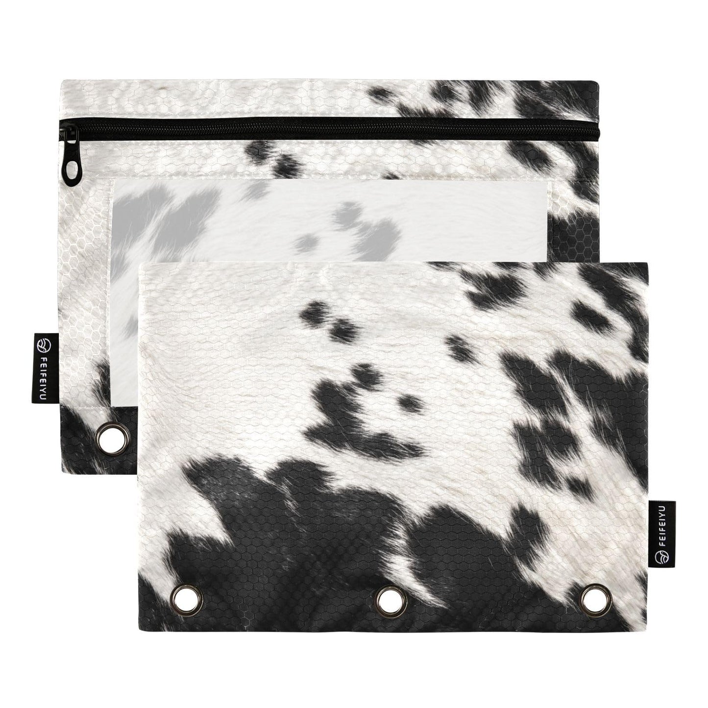 Coikll Cow Skin Print Pencil Pouch Fits Standard 3-Ring Binders, Zipper Binder Pencil Bag with Clear Window for Class Office 2 Pack