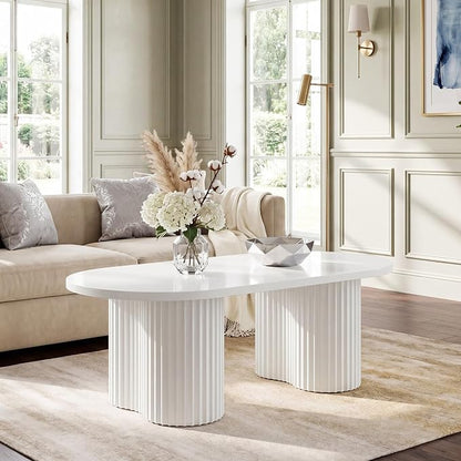 Tribesigns Oval Coffee Table, 47" Modern Center Table with Fluted Design, Tea Table with Sturdy Legs for Living Room, Bedroom, Office, Easy Assembly, White