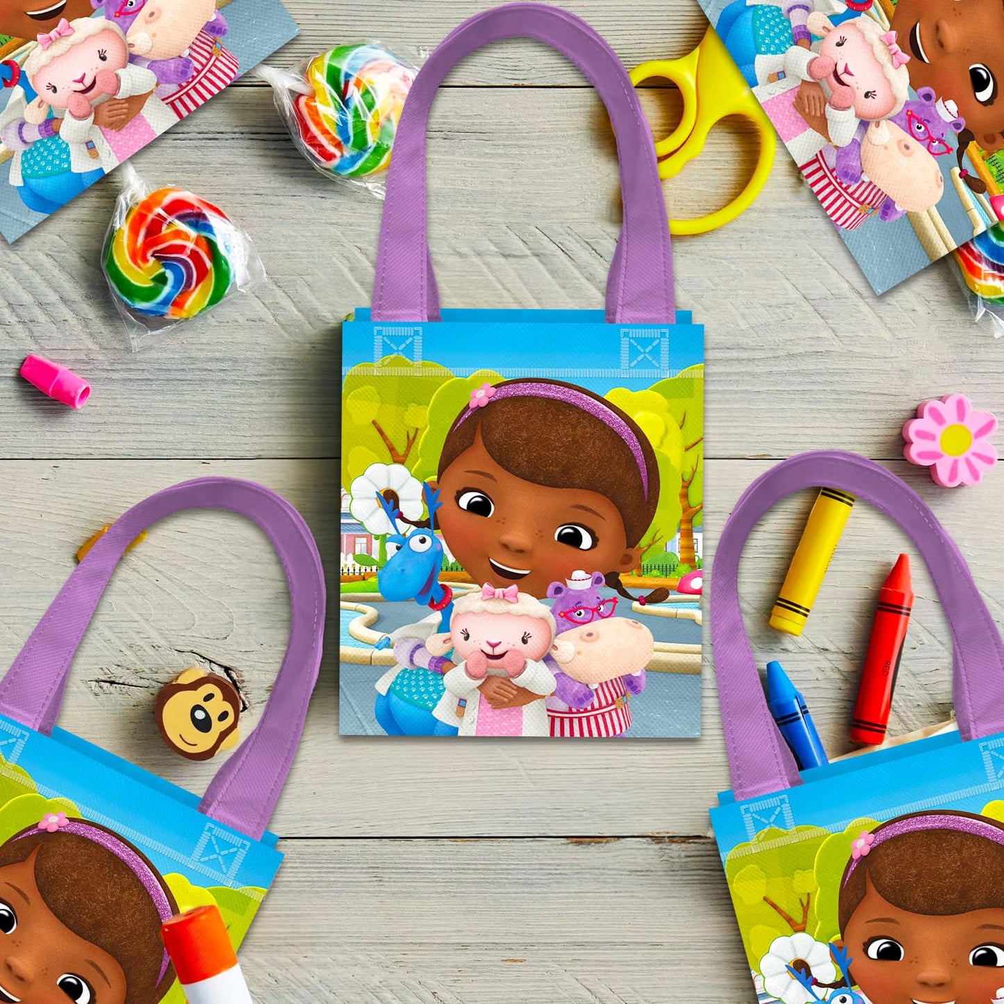 Doc McStuffins Party Favor Bags Set – 12 Pack 8" Disney Goodie Bags for Kids Bulk Reusable Mini Totes | Disney Doc McStuffins Birthday Party Supplies