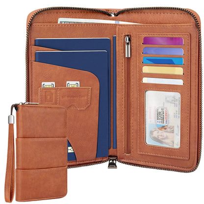 ZENTREON Family Passport Holder Wallet with Zipper, RFID Blocking Travel Document Organizer, PU Leather Passport Wallet for Women Men, Passport Cover Travel Wallet for Boarding Pass, ID, Money, Ticket