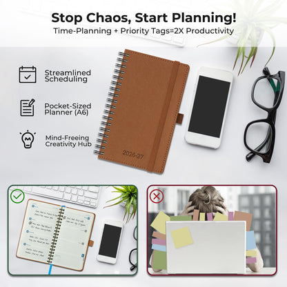 IN-LUXPRO Planner 2026-2027 Daily Weekly and Monthly,6.5"x3.75",18 Months Spiral Bound Calendar Agenda with Self-adhesive Pen Holder,2026 Academic Plan with Vegan Leather Soft Cover,Brown