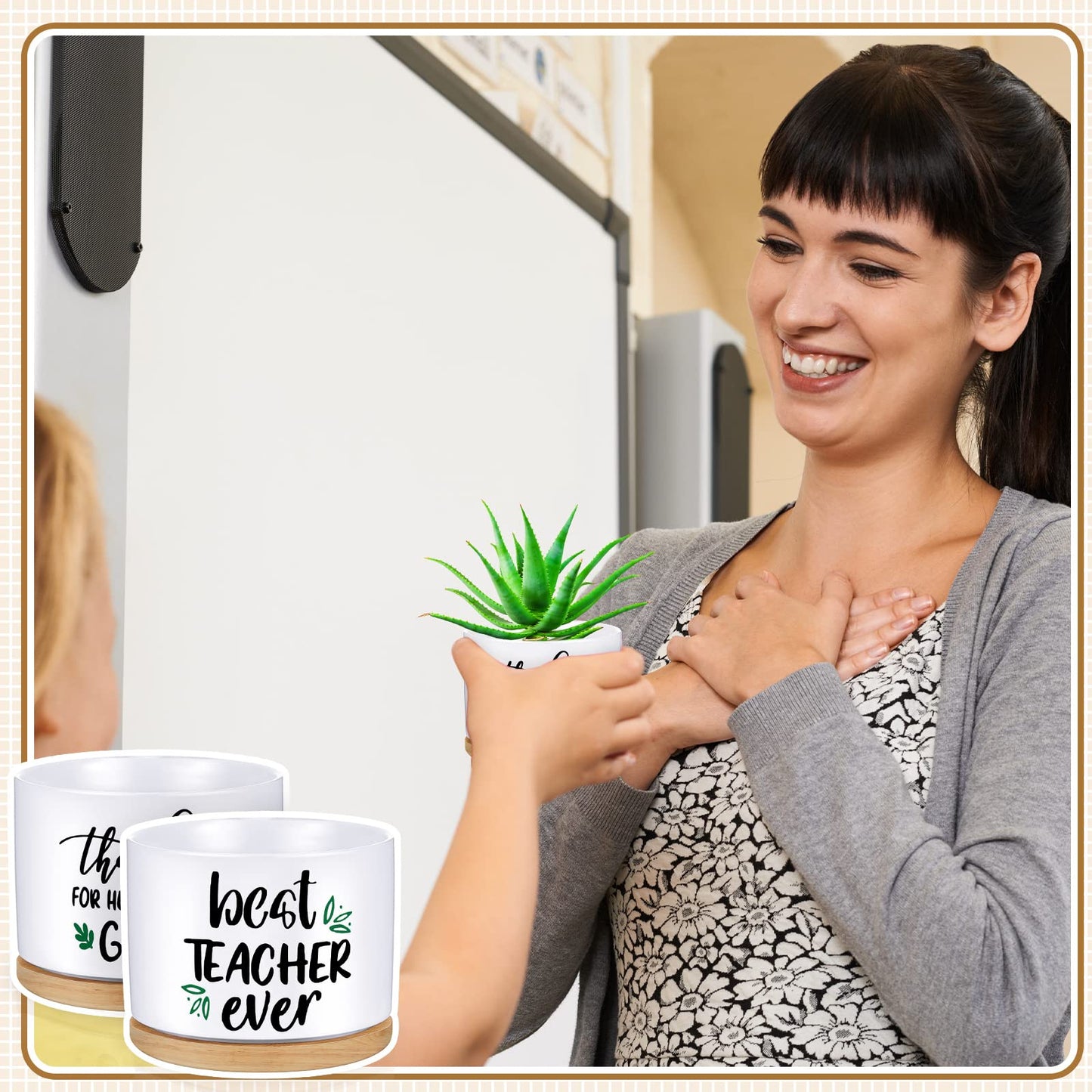 Newtay 2 Pcs End of Year Teacher Gifts Thank You for Helping Me Grow Pots Ceramic Succulent Pots White Flower Planter Pot Teachers Appreciation Gifts for Graduation Back to School