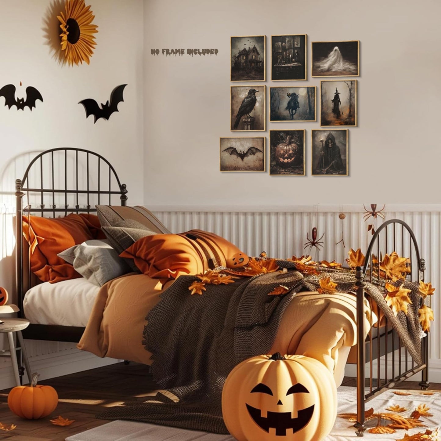 Halloween Posters Wall Art Set of 9, Dark Academia Headless Horseman Wall Decor, Gothic Moody Ghost Paintings, Spooky Witch Raven Canvas Prints Pictures for Living Room Bedroom 8x10 Inch Unframed