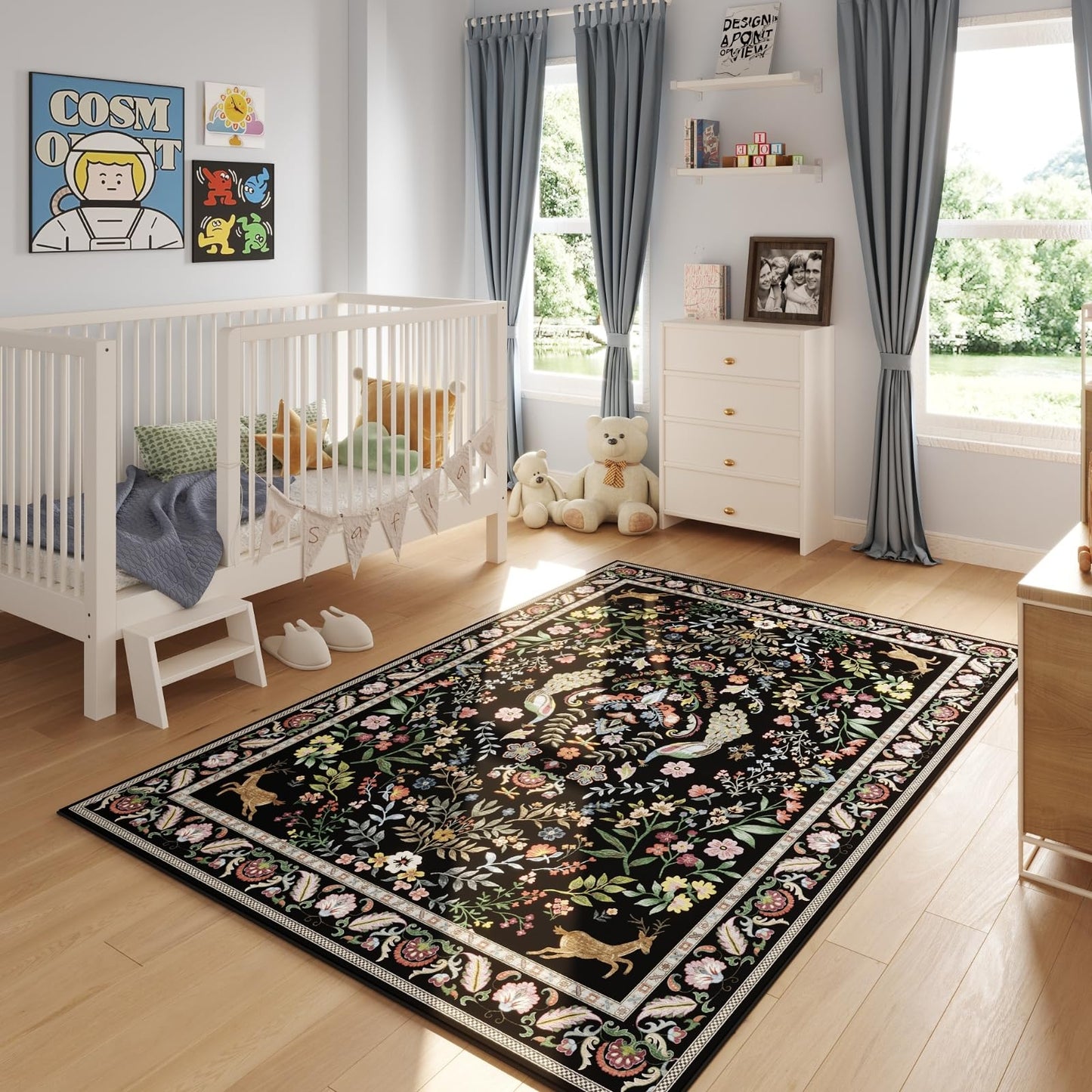 Living Room Rug 5x7 Rug Machine Washable Area Rug Floral Non-Slip Low Pile Large Rugs for Living Room, Bedroom, Farmhouse, Dining Room, Kids Playroom (Vibrant Black)