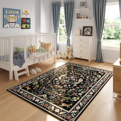 Living Room Rug 5x7 Rug Machine Washable Area Rug Floral Non-Slip Low Pile Large Rugs for Living Room, Bedroom, Farmhouse, Dining Room, Kids Playroom (Vibrant Black)