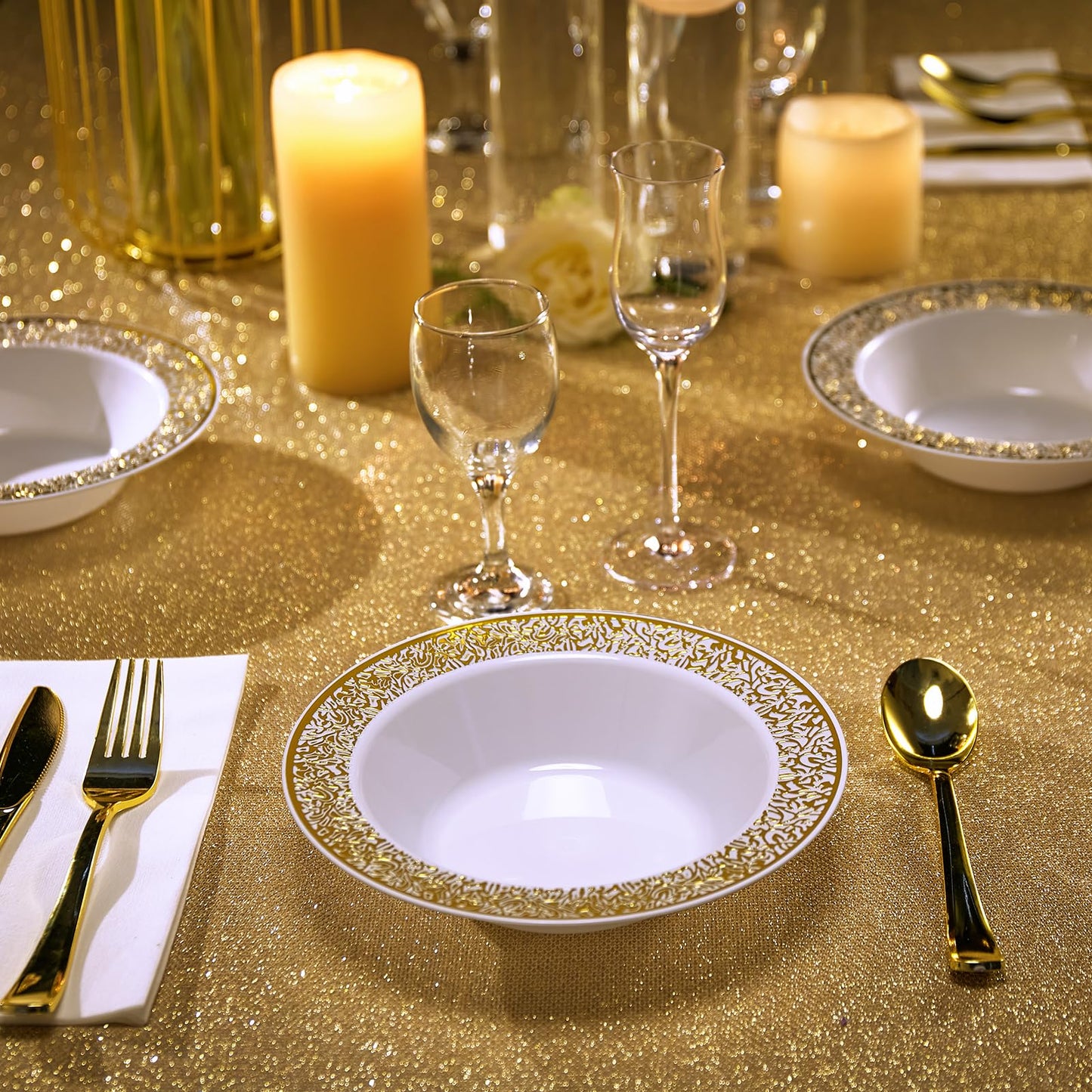 JOLLY PARTY 60 Disposable Gold Plastic Dessert Bowls, 12 oz Soup Bowls, Lace Christmas Thanksgiving Trim, Premium Heavy Duty Plastic Bowl for Wedding/Party (Gold)