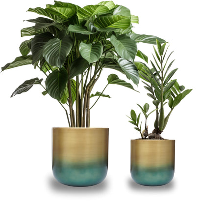 Set of 2 Luxury Brass Planters with Patina Finish – 10” & 8” Round Metal Indoor Plant Pots – Modern Decorative Flowerpots for Living Dining Room, Office, Balcony & Entryway – Stylish Home Décor Accent