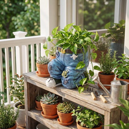 Doudouhua Creative Outdoor Planter,Flower Pot, Resin Cute Planters, Jeans Shape Garden Figurines Planter for Home Lawn Yard Outside Decor.Creative Outdoor Planter Flower Pot (Kneel Down on one Knee)