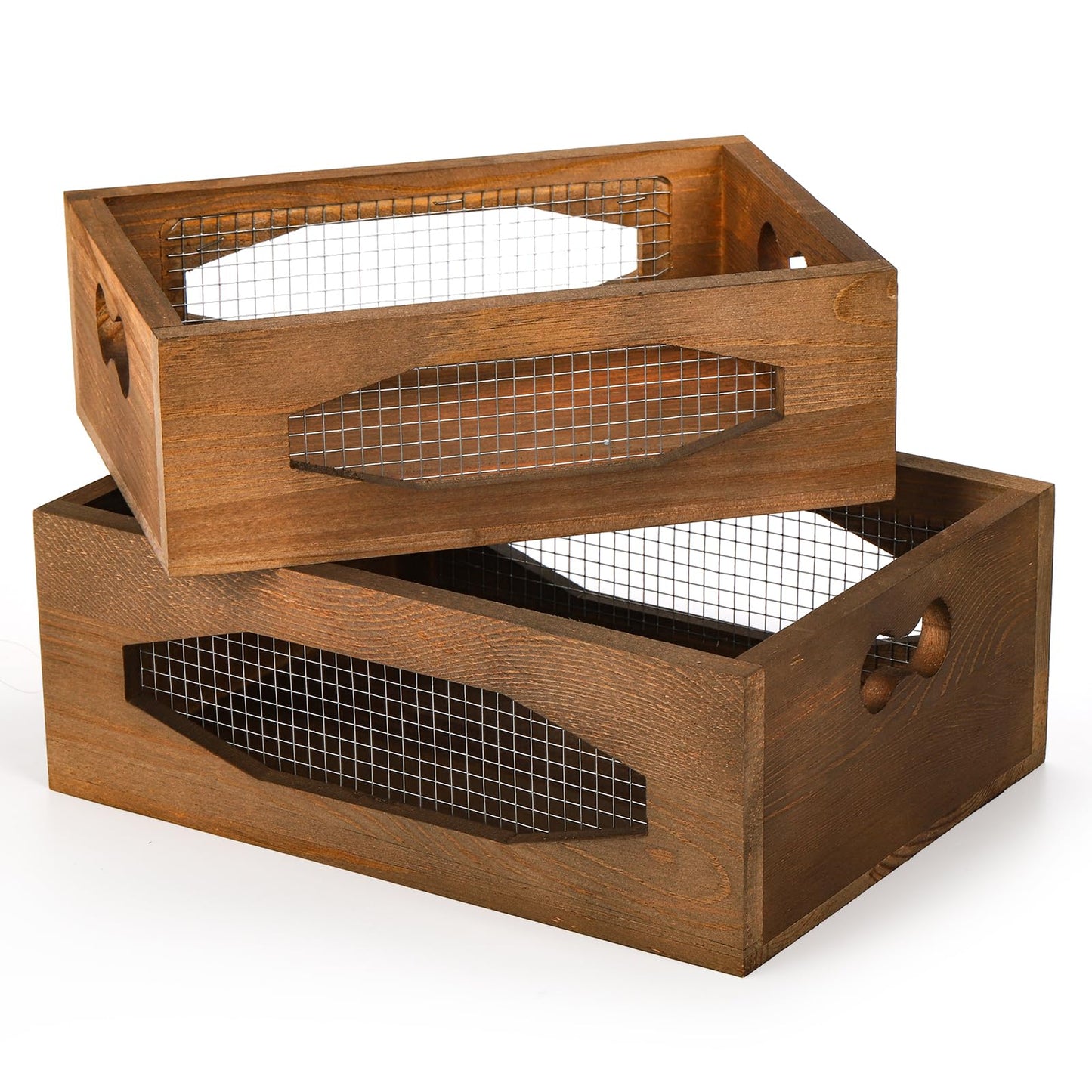 Okllen Set of 2 Wooden Nesting Countertop Baskets, Decorative Wood Storage Box Farmhouse Rustic Crate with Cutout Handles for Bread, Fruit, Vegetables, Kitchen, Bathroom, Pantry Supplies, Brown