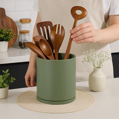 D'vine Dev 360° Rotating Utensil Holder – 7.2" Kitchen Utensil Crock for Countertop, Modern Cooking Tool Organizer for Kitchen Storage & Décor, Set of 2, Olive, 72-Y-C-2