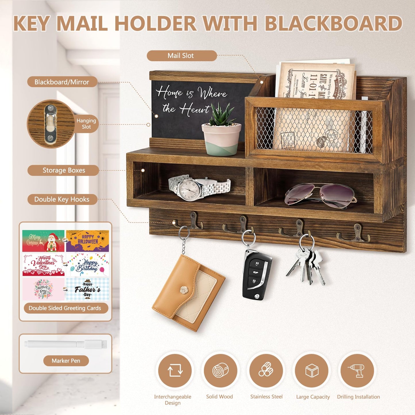 HOMEBROS Key Holder Wall Mount, Wooden Mail and Key Organizer with Chalkboard and Mirror, 3 Greeting Cards, 8 Hooks, Brown
