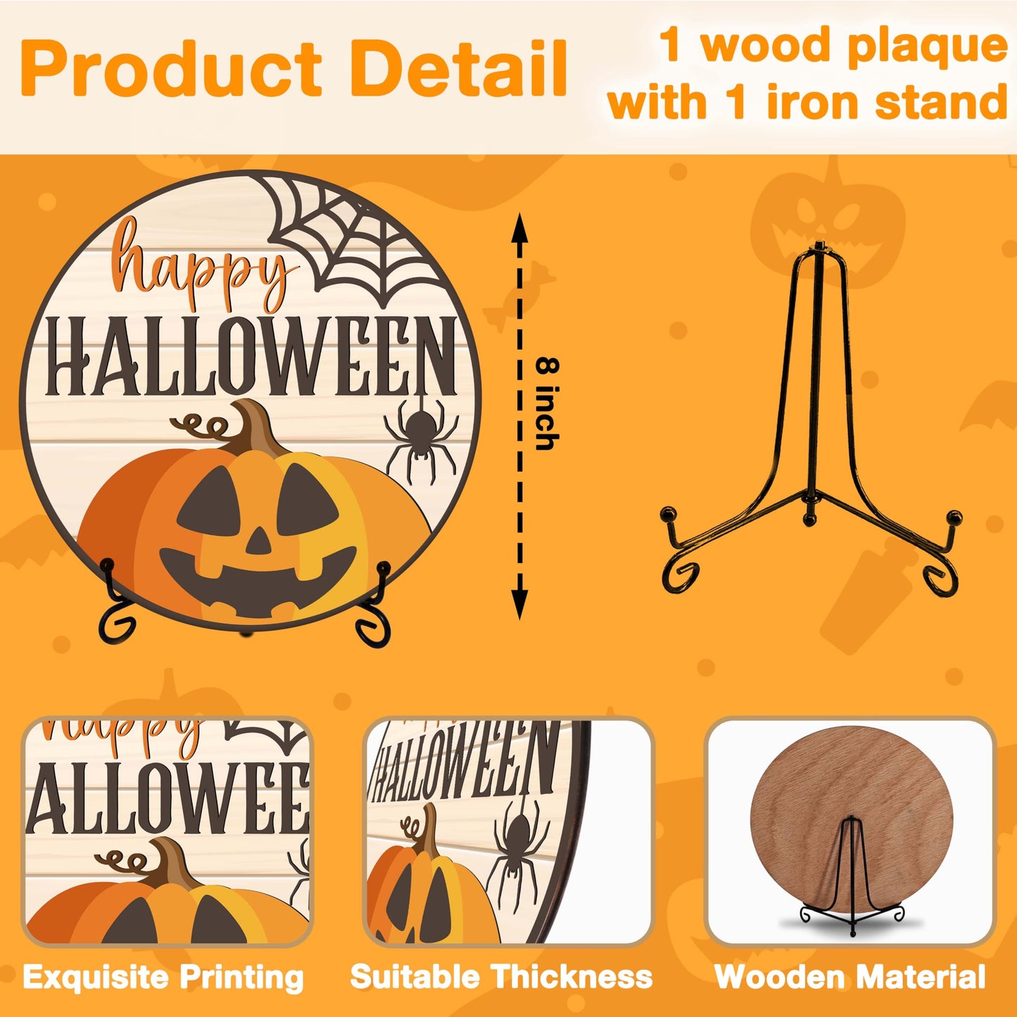 Seclate Halloween Desk Decorations for Home, Wooden Table Centerpieces 8x8 Inches with Iron Stand for Office Living Room Shelf Decor, Pumpkin Ghost Witch Design Gifts for Women Friends - E06